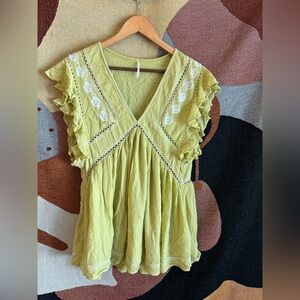 Free People Ruffle Sleeve Blouse - Light Green